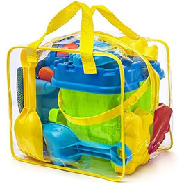 Prextex 12-Piece Beach and Sand Toy Set in Reusable Zippered Bag - Bucket with Sieve, Shovel, Rake, Watering Can, Sand Molds for Animals and Castles, 25.4 x 17.8 cm
