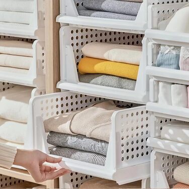 RMAN 8-Piece Stackable Folding Closet Storage Boxes, Closet Organizer Drawers, Plastic Storage Crates for Home, Bedroom, Kitchen - White