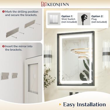 Дзеркало для ванної кімнати Keonjinn з підсвічуванням, чорний металевий каркас 60x80 см, антизапітніння, LED, сенсорне управління, 3 кольори світла, регулювання яскравості, функція пам'яті, настінне дзеркало
