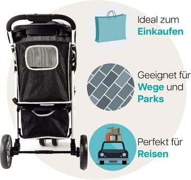 Візок для собак Innopet Monaco чорний з клямкою – універсальний візок для котів та собак, з дощем, складаний, знімний кошик, поворотне переднє колесо