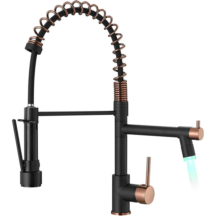 Змішувач кухонний AIMADI LED з витяжкою, поворотний 360°, чорний/рожеве золото