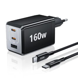 Зарядний пристрій USB-C 160W GaN: Швидка зарядка PPS, 3 порти для MacBook Pro/Air, iPad, iPhone 16/15/14 - Чорний
