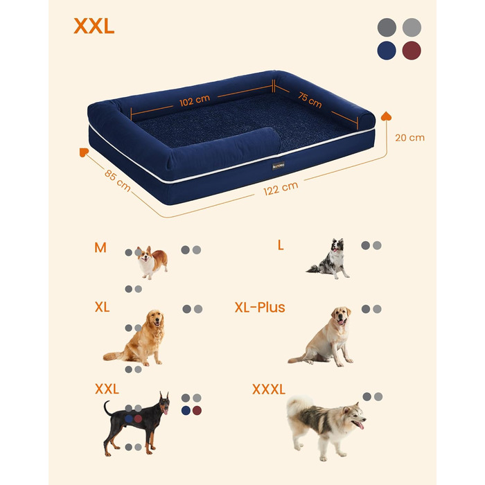 Feandrea Orthopedic Dog Bed, Dog Cushion, Dog Basket, Soft Padding, Dog Sofa, Raised Edges, Removable and Washable Cover, 91 x 71 x 20 cm, Non-Slip Bottom, PGW076G01 (L 120 x W 85 x H 20 cm, Anthracite Blue)