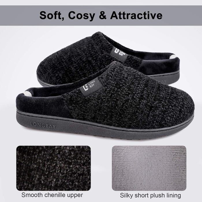 Тапочки домашні жіночі LongBay з Memory Foam, антиковзаючі, зручні, сліпони (40/41 EU, Чорний)