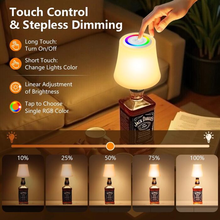 Настільна лампа LED акумуляторна бездротова 2 шт. з RGB підсвічуванням, димуванням, сенсорним керуванням, IP54 водонепроникна для спальні, вітальні, балкону