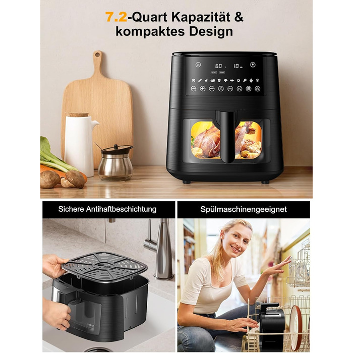 Фритюрниця повітряна Airfryer 7.2L, 11-в-1 з вікном, функція підігріву, розморожування, нагадування про струшування та таймер, здорова без олії, приготування з низьким вмістом жиру
