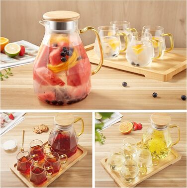 DUJUST Glass Giraffe with Lid, 2 Liters, with 4 Cups, 1 Tray, Water Pitcher in a Modern Diamond Design, Decoration for the Living Room, Heat-Resistant Glass Pitcher for Iced Tea/Milk/Coffee