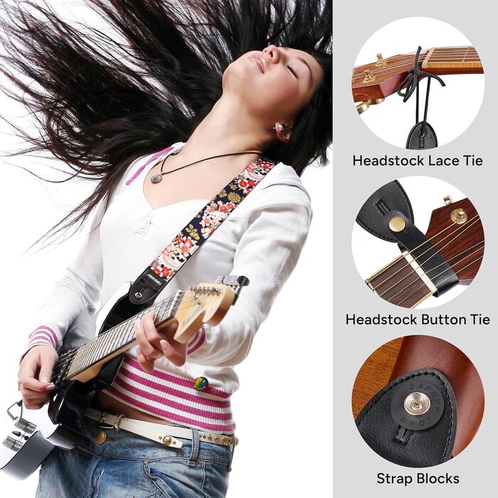 Гітарний ремінь Amumu з бавовни з вишивкою троянд та шкіряними кінцями для бас, електро та акустичної гітари, з фіксатором та блоками для ременя