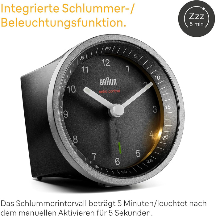 Braun Classic Analog Radio Alarm Clock, Central European Time Zone (CET/GMT+1) with Snooze Function and Illumination, Silent Movement, Crescendo Alarm, Black and Silver, Model BC07SB-DCF.
