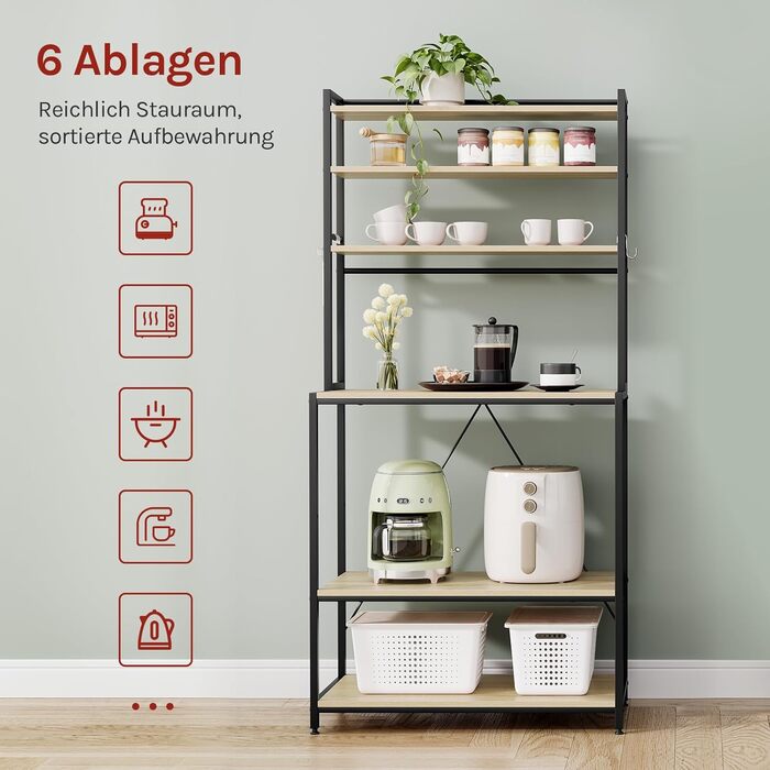 Стійка кухонна WOLTU з 6 полицями, металева та з інженерної деревини, 60 x 167 x 40 см, рустикальний коричнево-чорний колір