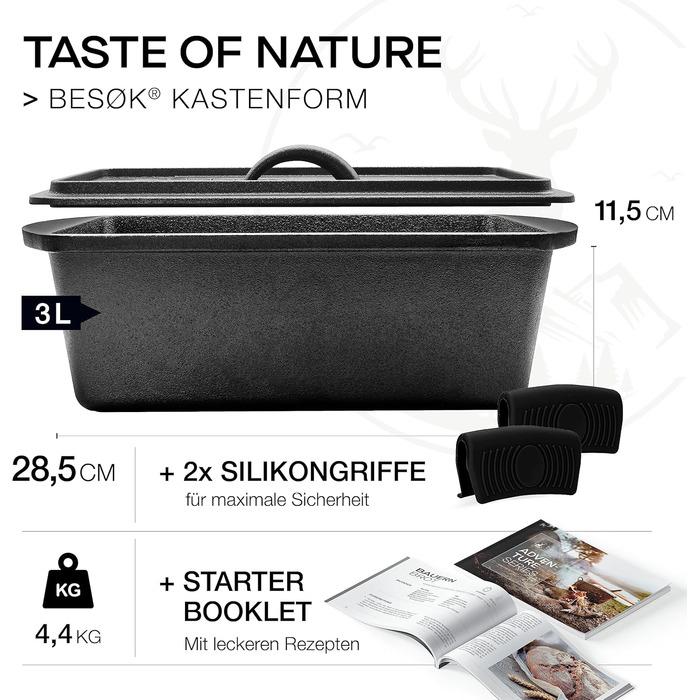 Tomorrow: Bread baking tin with lid incl. recipe booklet - 28cm cast iron baking tin for baking bread, accessories - loaf tin, toast bread tin, loaf tin, baking dish, loaf tin, rectangular bread tin