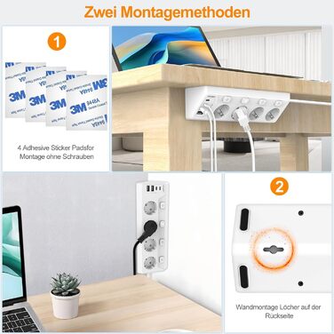 Мережева розетка з 2 USB-C (PD 20W) та 1 USB-A, трьохсекційна з вимикачем, захист від перенапруги, зручна для зберігання, розподільник для подорожей, кабель 1,5 м (кутова розетка)