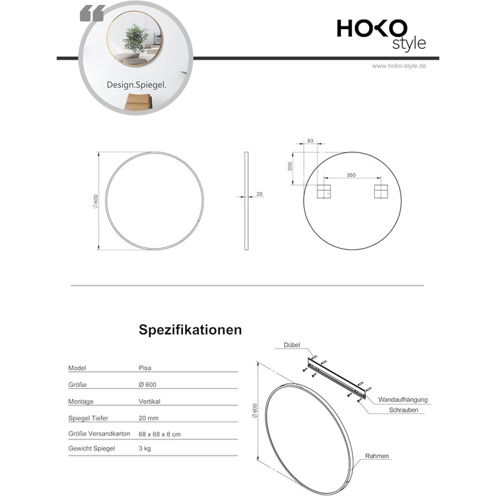 Овальне дзеркало HOKO Design для стін, 50 x 90 см, металевий каркас матового кольору. Можлива вертикальна та горизонтальна установка. Підходить для ванної кімнати, коридору, спальні, вітальні та їдальні. Розмір: 60 x 60 см, колір - золото.
