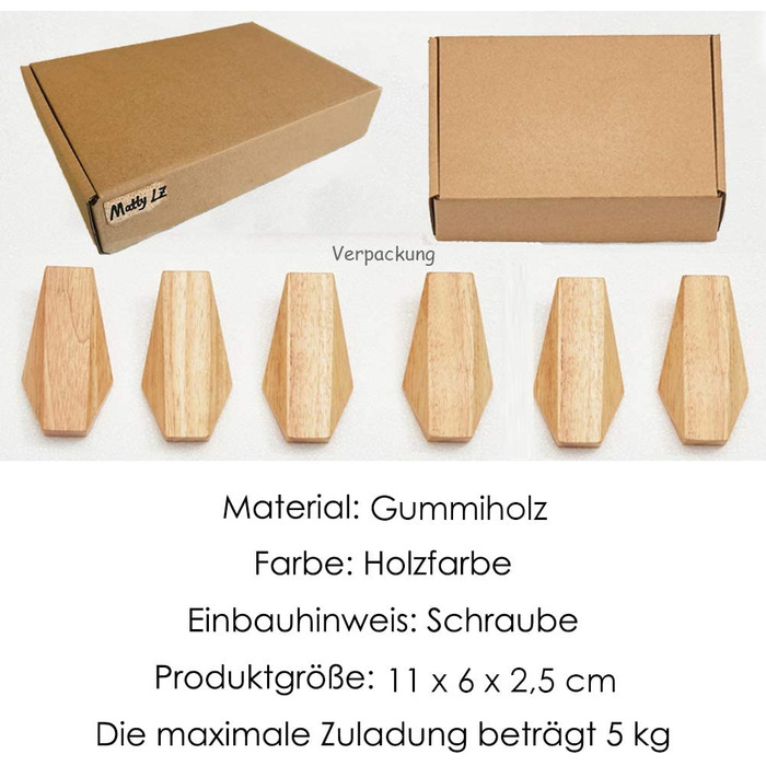 Wmama Matty-LZ 6-Piece Vintage Wooden Hooks, Wood Hangers, 5kg Load Capacity, Wall Hooks, Bathrobe Hooks, Hat Hooks, Clothes Hooks, Multi-Purpose Hooks, Key Hooks (C Wood Color - Set of 6)