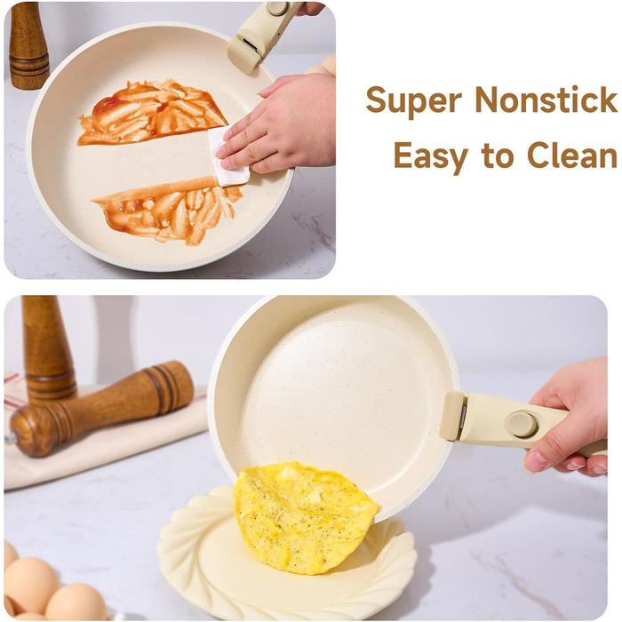 JEETEE Cookware Set, 4-Piece, 20/28 cm Frying Pan, With Detachable Handle, Granit Ceramic Non-Stick Cookware Set, Stackable Induction Pots Set, Suitable for All Cooktops, Oven Safe