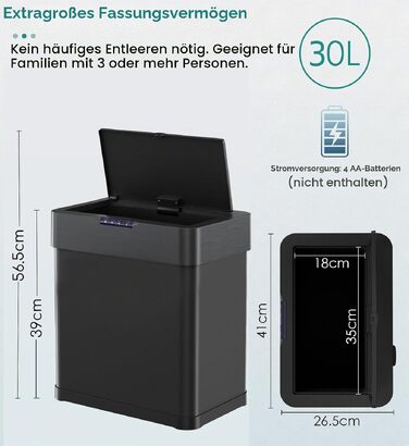 Сміттєвий відер LIFERUN з сенсором 30л для кухні, чорний (M-30L)