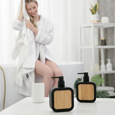 Дозатор для мила білий бамбук, 390 мл, для кухні, ванної кімнати, офісу, дозатор мила для миття посуду, чорний
