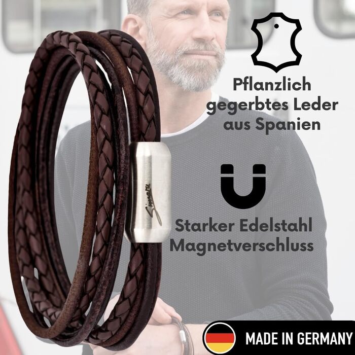 Браслет шкіряний Echtleder (Німеччина) унісекс з магнітною застібкою, 3XL (21-22 см), коричнево-срібний