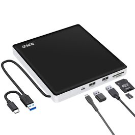 Зовнішній CD/DVD привід BU USB 3.0 & Type-C, DVD+/-RW ROM записувач з картридером SD/TF та USB-портами для ноутбука, PC, MacBook, Windows 11/10, macOS (чорний/білий)