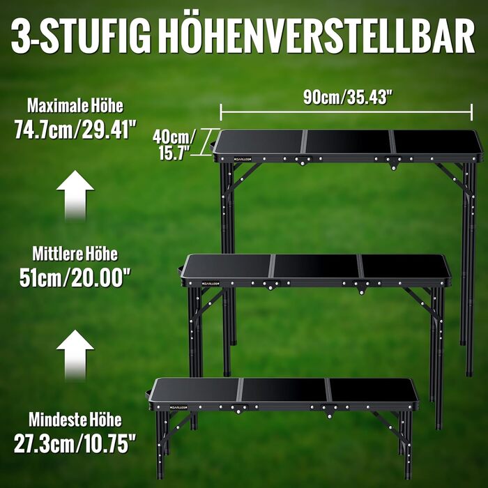 Складний кемпінговий стіл GARLLEN 60x40 см, регульована висота (27/51/75 см), чорний - для пікніка, саду, балкону, пляжу