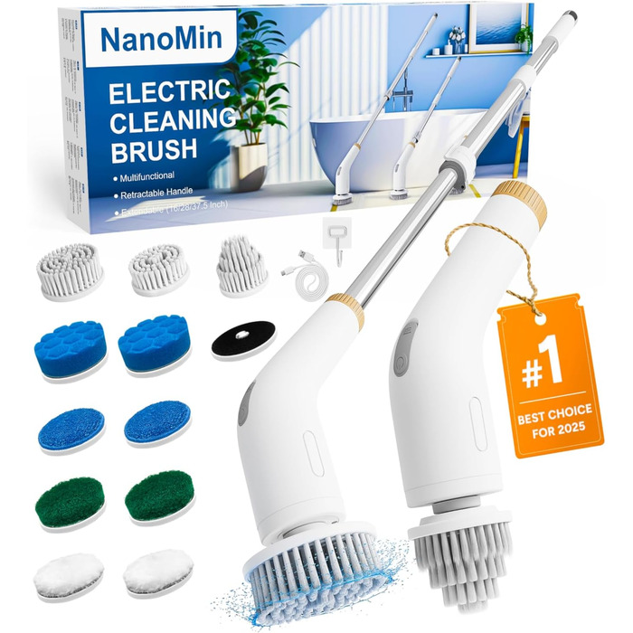 13-in-1 Electric Cleaning Brush with Extension Handle, Bathroom Accessory Set with 11 Interchangeable Brushes for Toilet, Bathtub, Kitchen, Floor (Ivory White)