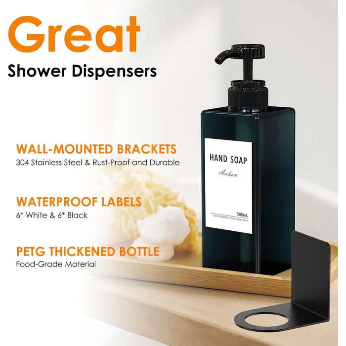 Дозатор мила Anhow 3er PETG для стін, набір з 3 шт. Без свердління, пластиковий диспенсер для кухні/ванної кімнати, 500 мл, блакитний