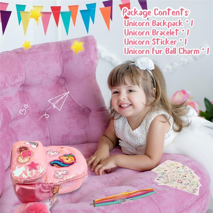 Рюкзак Єдиноріг для дівчинки, дитячий рюкзак з паєтками, персоналізований рюкзак Каваї для школи, рюкзак у дитячий сад/школу, подарунок на день народження/Новий рік, рожевий, 33 см
