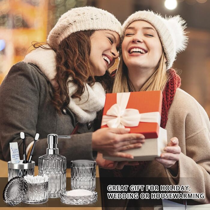 Набір аксесуарів для ванної кімнати зі скла: мильниця, дозатор мила, тримач для зубних щіток, стаканчик та контейнер для ватних паличок. Сучасний дизайн, градієнт, чорний та прозорий колір. Організатор для ванної кімнати.