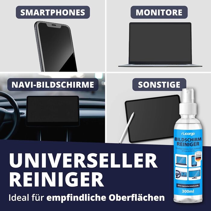 Набір для чищення екранів LICARGO 300 мл: без розводів, з мікрофіброю - для TV, моніторів, ноутбуків, планшетів та телефонів (входить: очищувач екрану + очищувач салону + 6 серветок)
