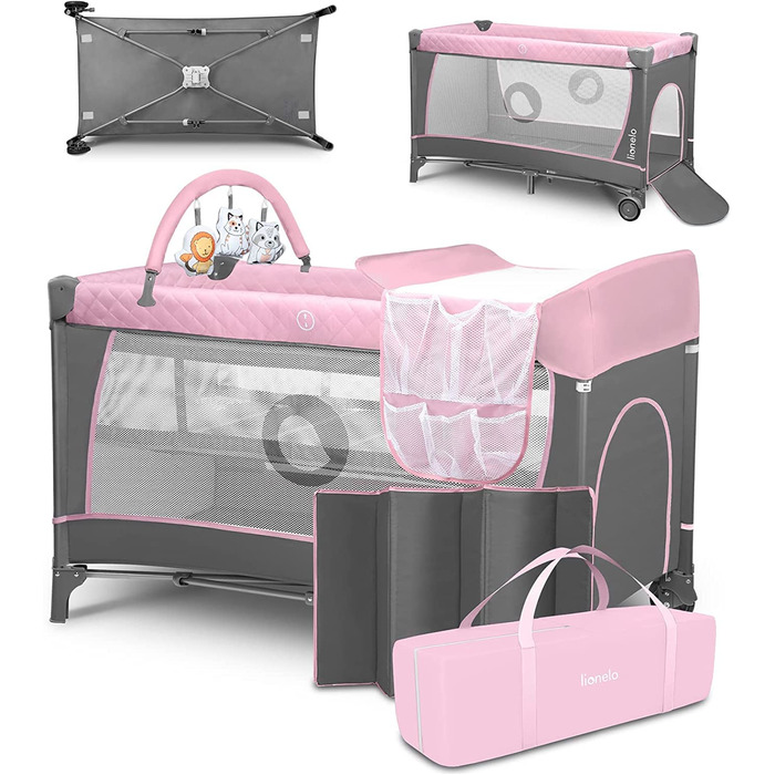 Lionelo Flower 4in1 Travel Cot Baby, Playpen Baby with Side Entrance, Changing Table, Two Mattress Suspension Heights, Play Arch with Figures, Wheels, Carry Bag 1 Piece (1 Pack) Pink