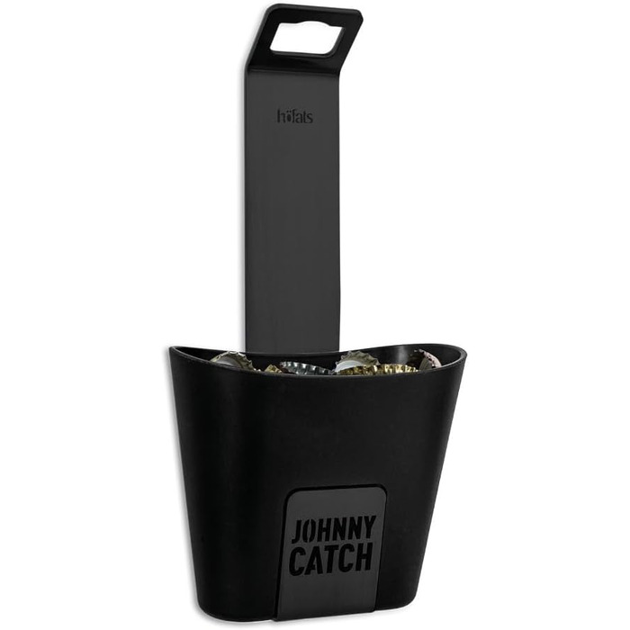 Відкривачка для пляшок höfats Johnny Catch Cup чорна з нержавіючої сталі, настінна, з контейнером для 60 кришок, без гвинтів