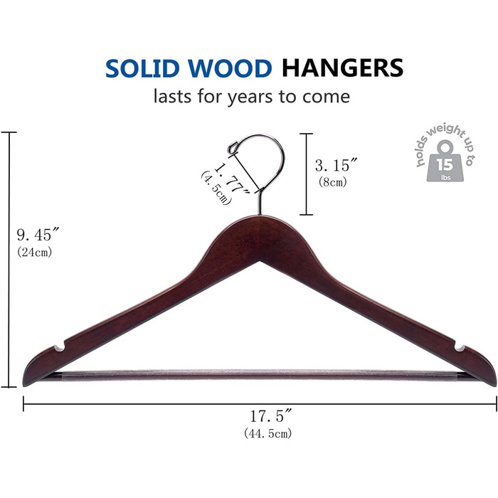 Дерев'яні вішалки для одягу Amber Home, 20 шт., масивна деревина волоського горіха, гладка поверхня, з перекладиною для штанів, поворотний гачок та виступи для куртки, штанів, сорочок (Волоський горіх, 20)
