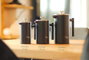 Milu French Press Coffee Maker | 350ml, 600ml, 1L | Stainless Steel Coffee Press, Coffee Maker for Home, Travel, Camping including Coaster, Spoon, Replacement Filters (Black, 1000ml (5 Cups) Black 1000ml (5 Cups)