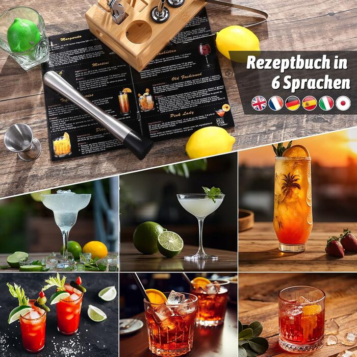 Набір для приготування коктейлів GWHOLE: шейкер, барний аксесуар, рецепти, стійка. Ідеальний подарунок для дому та вечірок