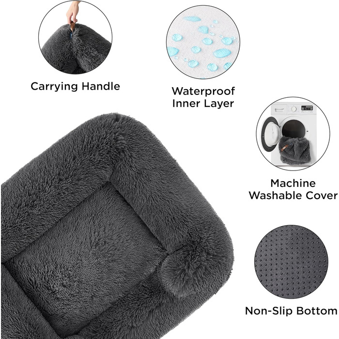 BEDSURE Fluffy Dog Bed for Medium Dogs - 76x61x18cm Washable Dog Bed for Medium Dogs, Square Cozy Bed with Soft Edge and Non-Slip Bottom, Gray