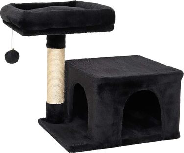 Lionto Scratching Post for Cats with Cozy Lying Area & Cave, Height 50 cm, Cat Tree with Plush Ball including Bell, Sisal Rope & Soft Plush, Suitable for Small & Large Cats, (Black)