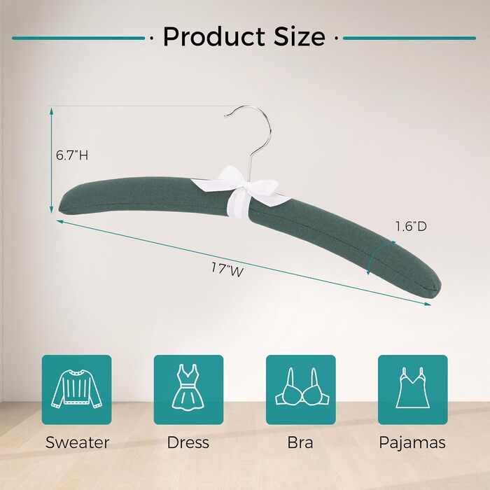 Клітки для одягу JS HANGER з м'якою підкладкою для светрів, 43,2 см, великі, міцні, з сатином, без плечей, для жінок, одягу, весіль, спідньої білизни, 10 шт., (Темно-зелений)