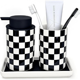 Modern bathroom set, ceramic, glazed, black and white checkered accessory set with soap dispenser, toothbrush holder, and vanity organizer.
