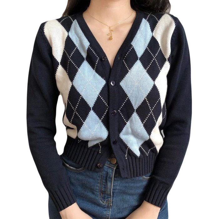 Жіночий пуловер на осінь з довгим рукавом, в'язаний кардиган у стилі ретро з візерунком аргайл/кліткою. Slim-fit, кроп-модель, верхній одяг.