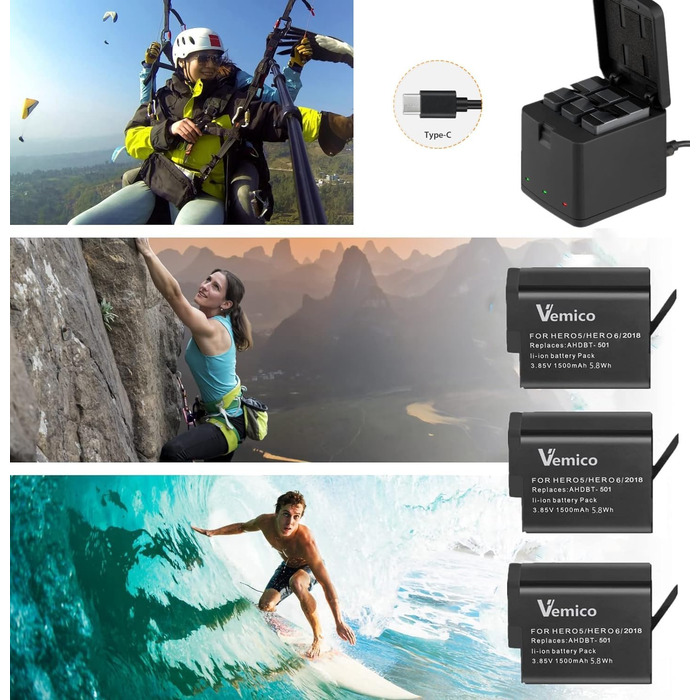 Зарядний комплект Vemico Hero 7/6/5: 3 акумулятори 1500mAh, зарядний пристрій з LED, Type-C, сумісний з Hero 7/6/5/2018, AHDBT-501