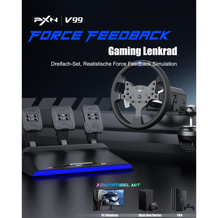 PXN V99 ігровий кермо з педалями та перемикачем передач – 3.2 Nm Force Feedback, 270°/900°, 11.8 дюймів, 4 лопаті перемикання передач, додаток Tools – кермо для PC, Xbox та PS4