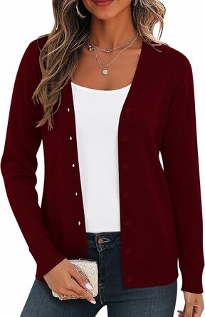 Жіноча легка в'язана жилетка з довгим рукавом, в'язаний пуловер з V-подібним вирізом, вінтажна класична жилетка на ґудзиках (L, Бордовий)