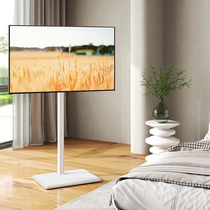 Підставка для телевізора TVON на підлозі з кріпленням для більшості телевізорів 81.3 - 152.4 см (32-60 дюймів) до 40 кг, регульована по висоті підставка з дерев'яною основою, економна, підлогова підставка для телевізора білого кольору з дерев'яною основою