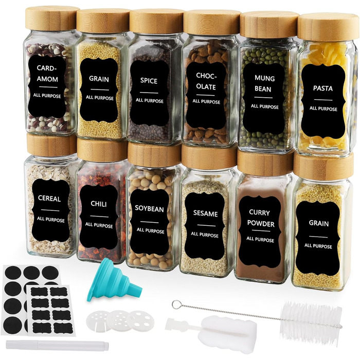 Набір банок для спецій квадратних [12 штук] з бамбуковою кришкою, 120 мл, з воронкою, наклейками, щіткою та ситами