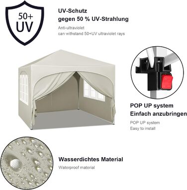 WOLTU Gazebo, Folding Gazebo 3x3 m, with 4 Side Walls, Party Tent Waterproof UV Protection 50+, Adjustable Height Garden Gazebo, with Carry Bag, for Outdoor Garden Camping (Beige)