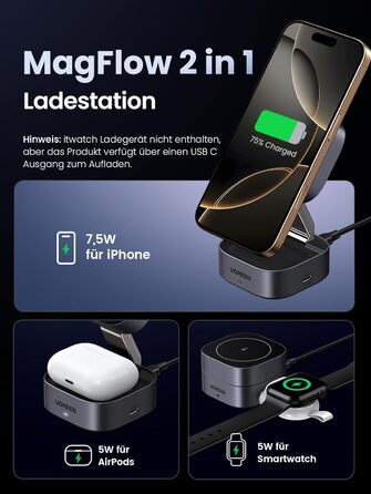 UGREEN MagFlow 2-в-1: Бездротовий зарядний пристрій MagSafe для iPhone 17/17 Air/16 Pro/16/15/14/13/12, AirPods. Складний стенд з кабелем 1м