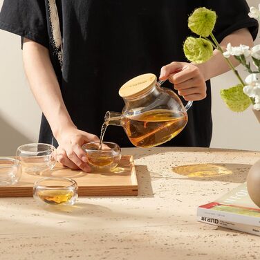 Скляна чайниця з ситечком CnGlass, 900мл, стійка до плити, для листового та квіткового чаю, комплект з 4 чашками по 100мл