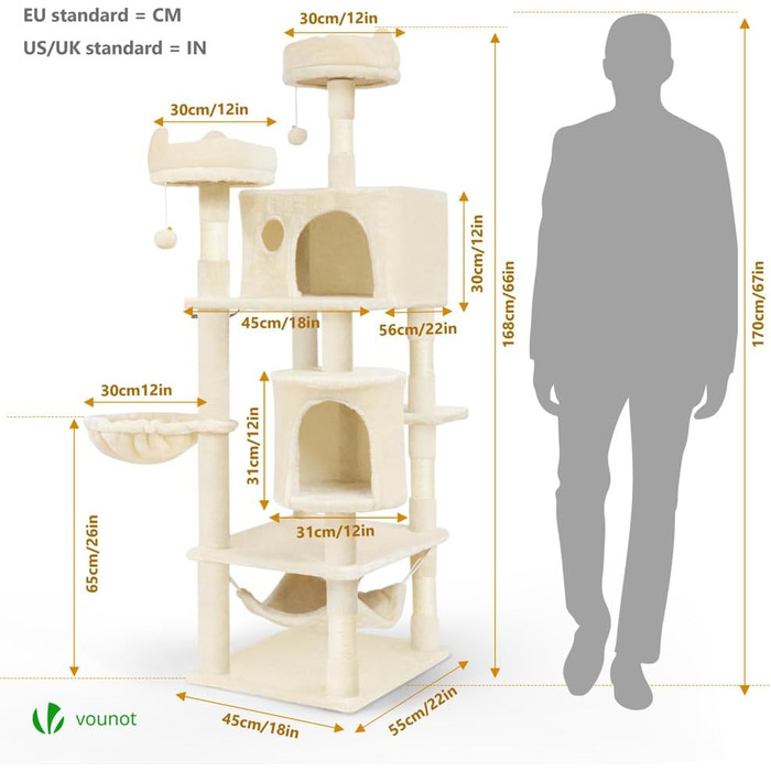 Котячий будиночок Vounot Kratzbaum Kein: стабільний котячий будиночок з платформами, SISAL-стовпчики, 88 см (Бежевий, XXL)