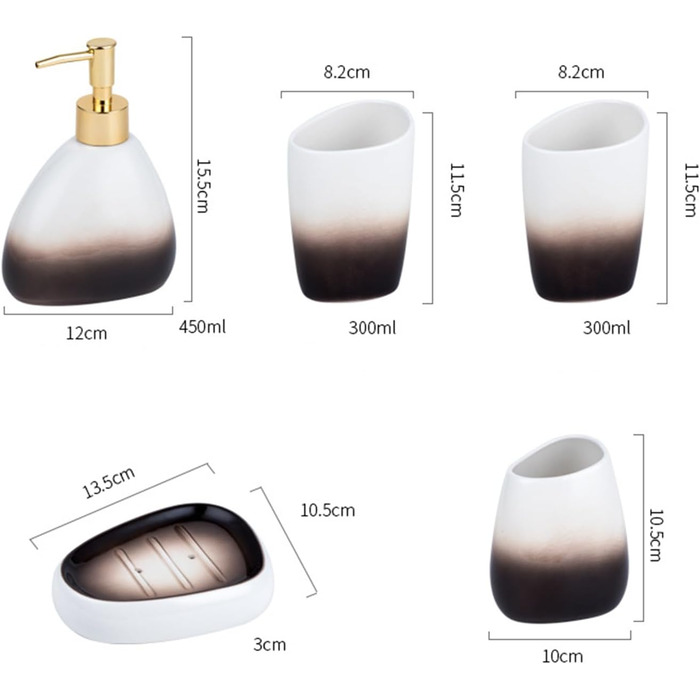 Набір аксесуарів для ванної кімнати 4 шт. Сірий, з дозатором мила, мильницею та 2 стаканчиками для зубних щіток, з малюнком 