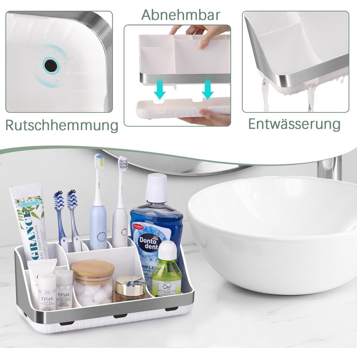 Тримач для зубних щіток у ванну кімнату: органайзер для електричної та звичайної зубної щітки, дозатор для пасти, 7 відділень, срібляста поверхня